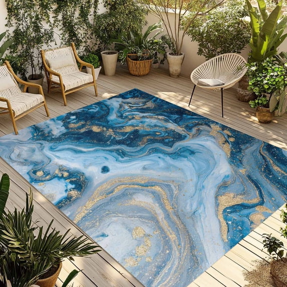 Blue Gold Marble Outdoor Rug for Patio/Deck/Porch, Non-Slip Large Area Rug 3 x 5 Ft, Modern Abstract Geometric Gradient Indoor Outdoor Rugs Washable Area Rugs, Reversible Camping Rug Carpet Runner