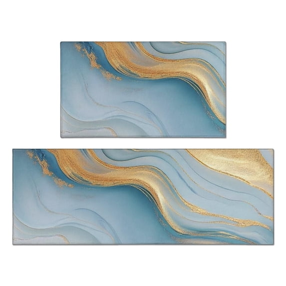 Blue and Gold Marble Pattern Anti Fatigue Kitchen Rugs Set Of 2, Non Slip Washable Decorative Floor Mats for Kitchen Sink Laundry, 17"x30" and 17"x47"