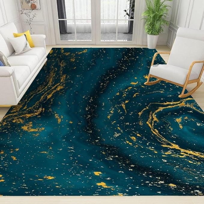 Blue Marble Rug Pattern Blue Gold Marble Pattern Area Rug, Abstract Minimalist Art Washable ...