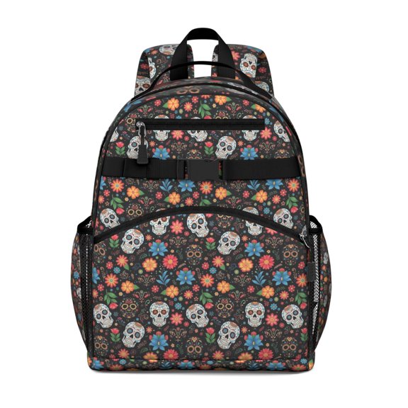 Black Flower Skull Pattern Backpack for School,Cute School Bag,Schoolbag with Adjustable Shoulder Straps & Padded Back,15.25"x11.5"x5.25"