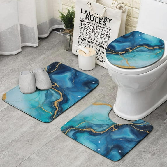 Blue Gold Marble Pattern Bathroom Rugs Sets 3 Piece,Toilet Cover Set,Absorbent Non Slip Bathroom Mats Sets with U-Shaped Contour Rug Toilet Rug Set