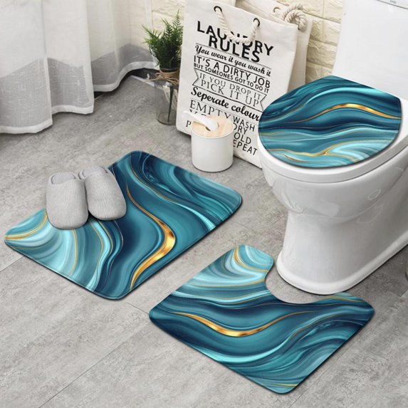 Blue Gold Marble Pattern Bathroom Rugs Sets 3 Piece,Toilet Cover Set,Absorbent Non Slip Bathroom Mats Sets with U-Shaped Contour Rug Toilet Rug Set