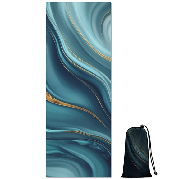 Blue Gold Marble Pattern Hot Yoga Mat Towel Non Slip for Hot Yoga - Quick-Drying Yoga Mat Cover with 4 Corner Pockets with Travel Bag - Hot Yoga Towel Non Slip 74"x26"