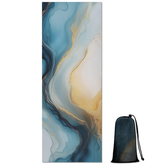 Blue Gold Marble Pattern Hot Yoga Mat Towel Non Slip for Hot Yoga - Quick-Drying Yoga Mat Cover with 4 Corner Pockets with Travel Bag - Hot Yoga Towel Non Slip Grip Moisture Wicking Sweat 70"x26"