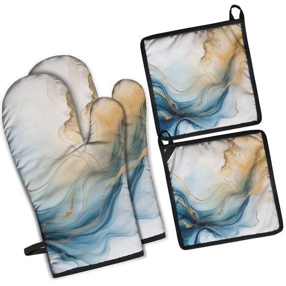 Blue Gold Marble Pattern Kitchen Oven Mitt and Pot Holder Sets 4 Pcs for Baking, Cooking and Grilling, Heat Resistant Up To 392 °F