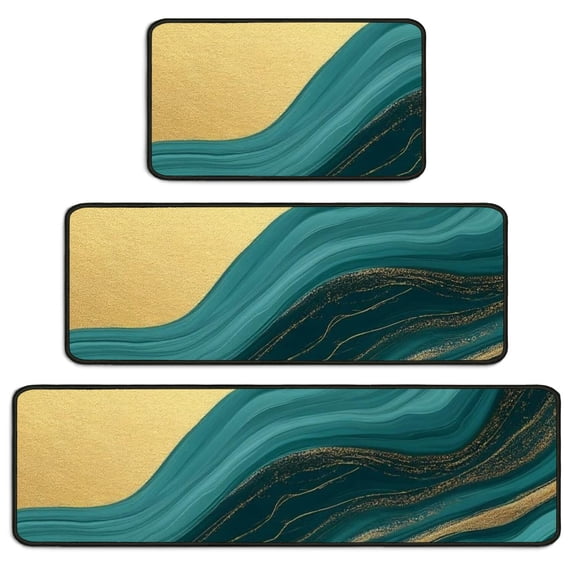 Blue and Gold Marble Pattern Kitchen Rugs Set Of 3, Non Slip Washable Kitchen Runner Rugs, Decorative Floor Mats for Sink Laundry and Home Use, 17"x30" + 17"x47" + 17"x59"