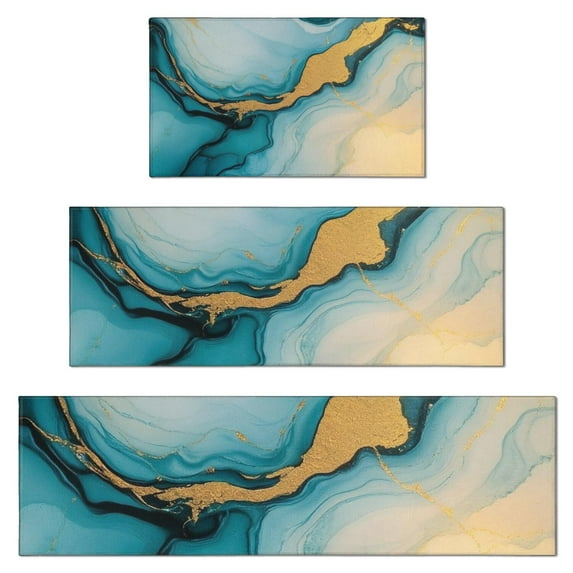 Blue Gold Marble Pattern Kitchen Rugs Sets Of 3,Kitchen Runner Rugs Non Skid Washable,Decorative Kitchen Floor Mats for Kitchen,Sink,Laundry,17"x30"+ 17"x47" + 17"x59"