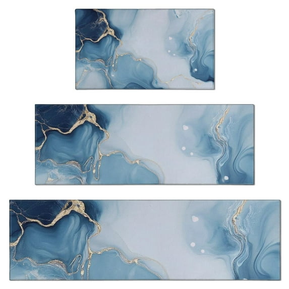 Blue Gold Marble Pattern Kitchen Rugs Sets Of 3,Kitchen Runner Rugs Non Skid Washable,Decorative Kitchen Floor Mats for Kitchen,Sink,Laundry,17"x30"+ 17"x47" + 17"x59"
