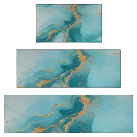 Blue Gold Marble Pattern Kitchen Rugs Sets Of 3,Kitchen Runner Rugs Non Skid Washable,Decorative Kitchen Floor Mats for Kitchen,Sink,Laundry,17"x30"+ 17"x47" + 17"x59"