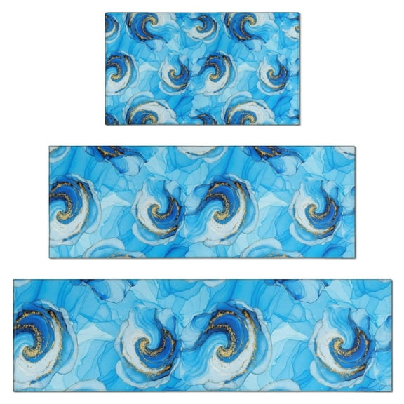 Blue Gold Marble Pattern Kitchen Rugs Sets Of 3,Kitchen Runner Rugs Non Skid Washable,Decorative Kitchen Floor Mats for Kitchen,Sink,Laundry,17"x30"+ 17"x47" + 17"x59"