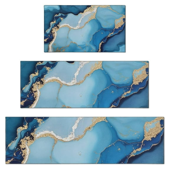 Blue Gold Marble Pattern Kitchen Rugs Sets Of 3,Kitchen Runner Rugs Non Skid Washable,Decorative Kitchen Floor Mats for Kitchen,Sink,Laundry,17"x30"+ 17"x47" + 17"x59"