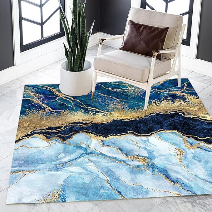 Blue Marble Rug Pattern Blue Gold Marble Pattern Modern Abstract Area Rug Non-Shedding Lux Art ...