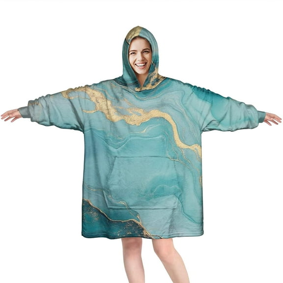 Blue Gold Marble Pattern Wearable Oversized Blanket,Wearable Blanket Hoodie for Adults,Cozy Hooded Blankets with Super Pockets,Super Warm Fuzzy Pullover for Women & Men