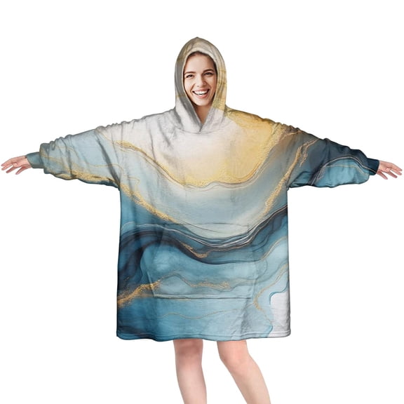 Blue Gold Marble Pattern Wearable Oversized Blanket,Wearable Blanket Hoodie for Adults,Cozy Hooded Blankets with Super Pockets,Super Warm Fuzzy Pullover for Women & Men