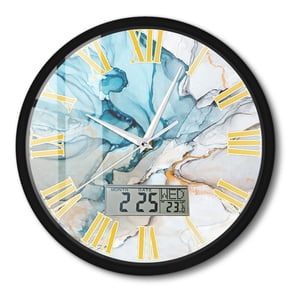 Blue Gold Marble Roman Numeral Round Wall Clock with Temperature Calendar Week LCD Display
