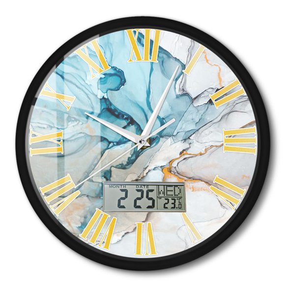 Blue Gold Marble Roman Numeral Round Wall Clock with Temperature Calendar Week LCD Display