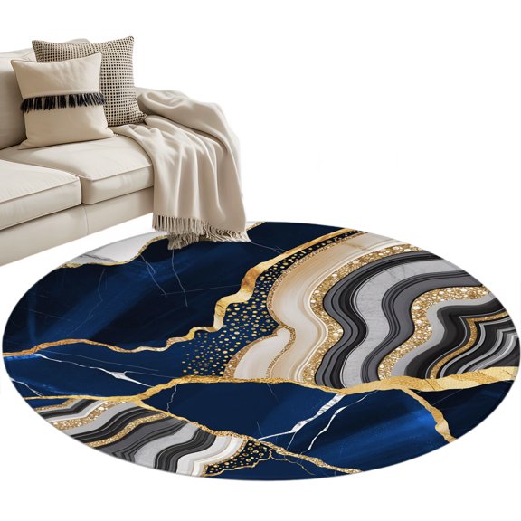 Blue Gold Marble Round Area Rug 3ft Glitter Geometric Marble Foil Texture Washable Rugs for Living Room, Non Slip Soft Carpet for Bedroom Entryway Dining Room
