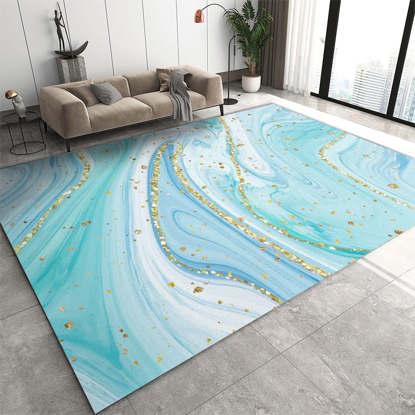 Blue Gold Marble Rug, Fashion Abstract Area Rug, Upholstery Carpet With