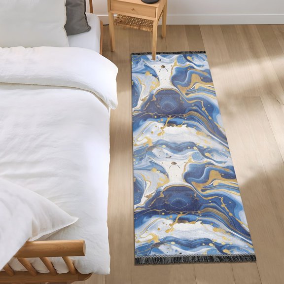 Blue Gold Marble Runner Area Rug 2x6 Soft Non-Slip Washable Bedside Carpet for Hallway Bedroom Living Room Home Decor