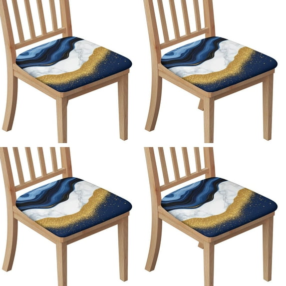 Blue Gold Marble Seat Covers for Dining Room Chairs Set Of 4,Stretch Printed Washable Chair Seat Cover with Elastic Ties and Button,Removable Waterproof Couch Cushion Covers