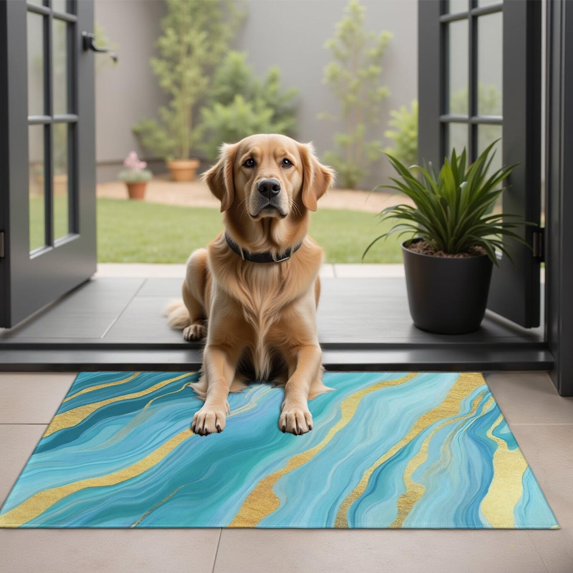 Blue and Gold Marble Shimmer Streaks Pattern Door Rugs,Washable Non Slip Door Mats Indoor,Decorative Door Mats,Entry Mat Indoor for Entrance,Bedroom,Kitchen,Bathroom,20"x32"