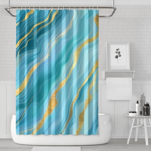 Blue and Gold Marble Shimmer Streaks Pattern Shower Curtain 72"x72" ,Bathroom Decorative Shower Curtains Set with 12 Hooks,Modern Waterproof Washable Shower Curtain