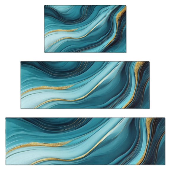 Blue and Gold Marble Shimmer Waves Pattern Kitchen Rugs Sets Of 3,Kitchen Runner Rugs Non Skid Washable,Decorative Kitchen Floor Mats for Kitchen,Sink,Laundry,17"x30"+ 17"x47" + 17"x59"