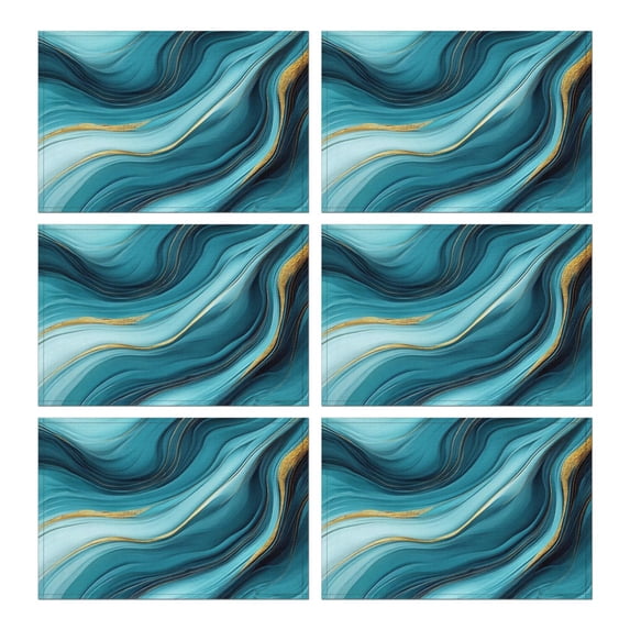 Blue and Gold Marble Shimmer Waves Pattern Summer Placemats Table Placemats Set Of 6-Linen Kitchen Washable Placemats Table Mats 11.8"x17.7" Non-Slip Heat Resistant