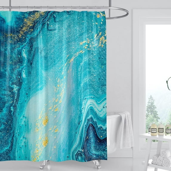 Blue Gold Marble Shower Curtain Blue Golden Cracked Lines Abstract Modern Waterproof Texture Washable Fabric Set with Hooks (72x72) Ideal for a Luxurious Bathroom Update