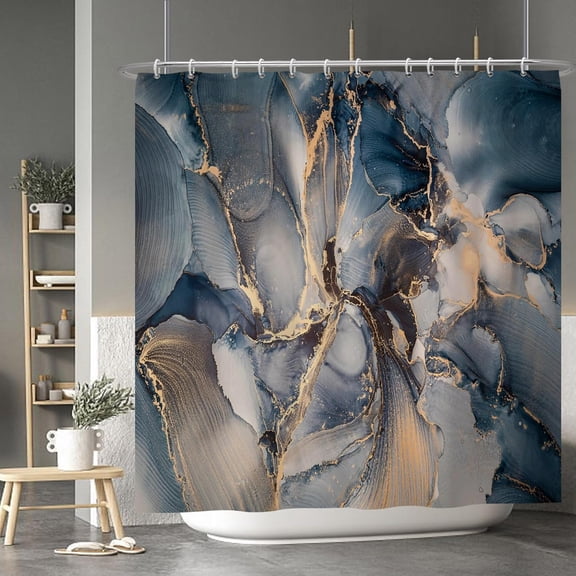 Blue Gold Marble Shower Curtain Gradient Print Blue Abstract Modern Shower Curtains for Bathroom Cubicle Bathtub Decor Fabric Durable Waterproof Shower Curtain with Hooks 72x72 Inches