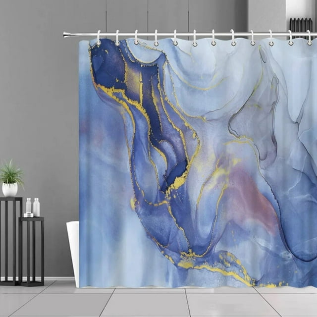 Blue Gold Marble Shower Curtains Golden Cracked Lines Abstract Modern ...