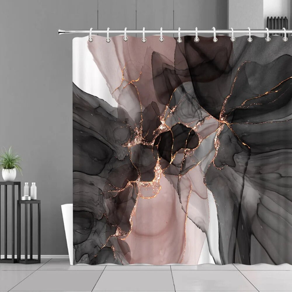 Blue Gold Marble Shower Curtains Golden Cracked Lines Abstract Modern