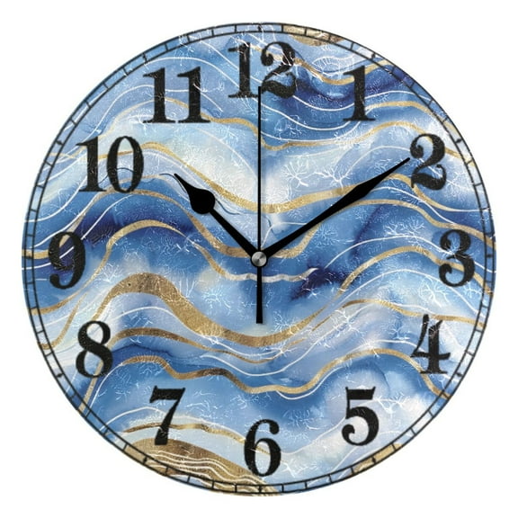 Blue Gold Marble Silent Wall Clock 10" Non-Ticking Battery Clock