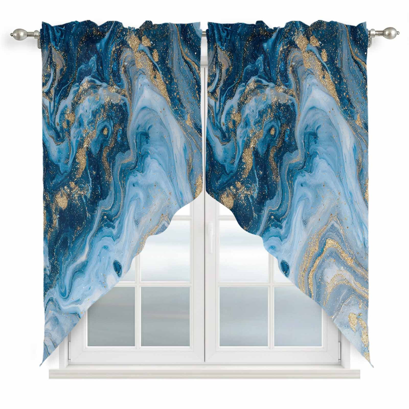 Blue Gold Marble Swag Valances for Windows, Kitchen Curtains 36 Inch ...