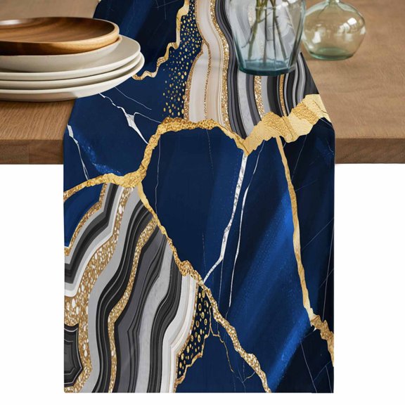 Blue Gold Marble Table Runner, Glitter Geometric Marble Foil Texture Cotton Linen Kitchen Table Decoration Washable Dining Tabletop Runners for Home Party Decor 13x48 Inches