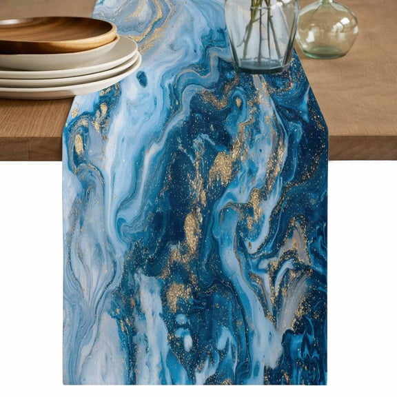 Blue Gold Marble Table Runner, Modern Abstract Geometric Gradient Washable Cotton Linen Table Runners 36 Inches Long, Dresser Scarf Runner for Nightstand/End Tables/Round Tables 13''x36''