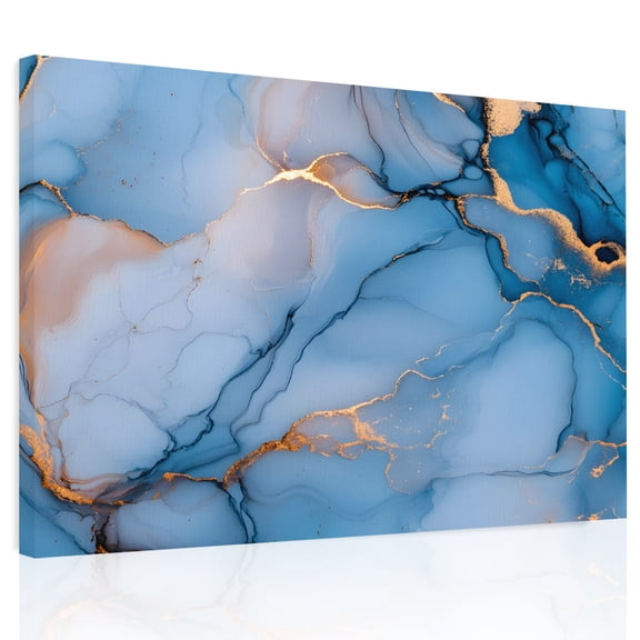 Blue Gold Marble Texture Canvas Print Wall Art, Abstract Water Ripple Gradient Wall Decor Modern Artwork Paintings Pictures for Living Room Framed and Stretched Ready to Hang, 12" x 16"