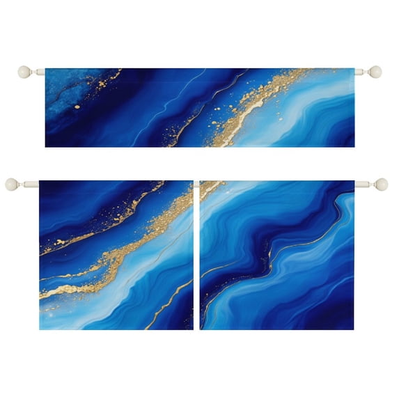 Blue Gold Marble Texture Kitchen Curtain Valance Tier Set, 3 Pieces ...