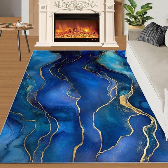 Blue Gold Marble Texture Modern Abstract Area Rug for Living Room Bedroom,Washable Carpet Non Slip Under Dining Room Coffee Table Art Deco Floor Rug Lux Office Dorm Mat-2' x 3'