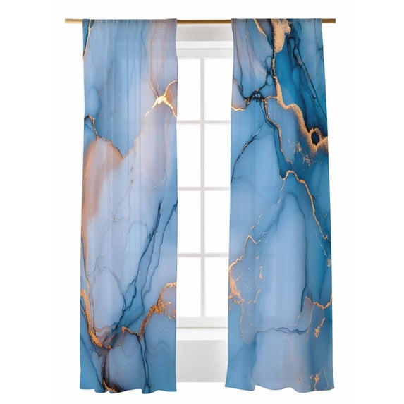 Blue Gold Marble Texture Sheer Curtains 84 inches Long 2 Panels Set ...