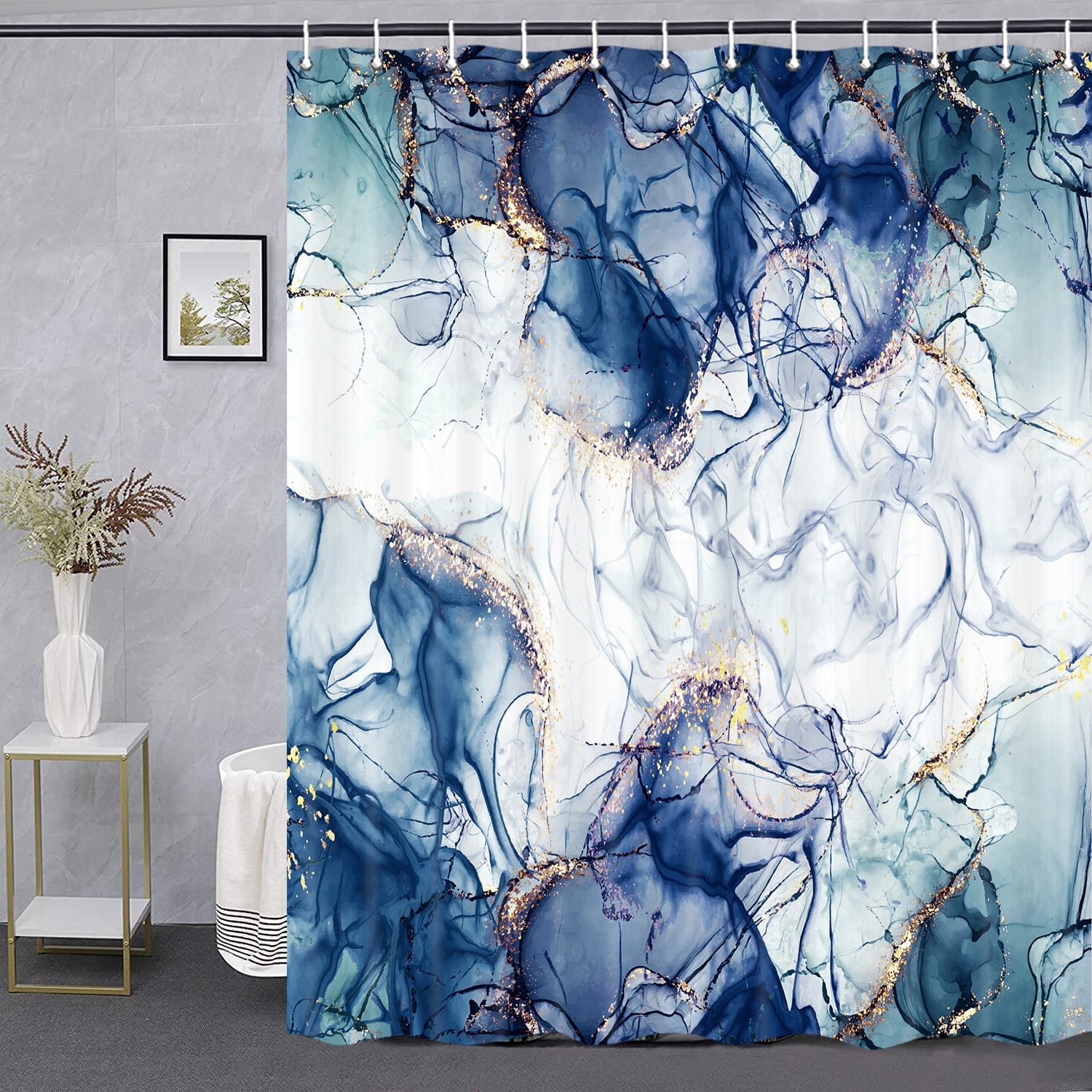 Blue Gold Marble Texture Shower Curtain Sets, Abstract Modern Fabric Shower Curtain for Bathroom, 3D Printing Durable Waterproof Washable Bath Curtain with Hooks 36X72in