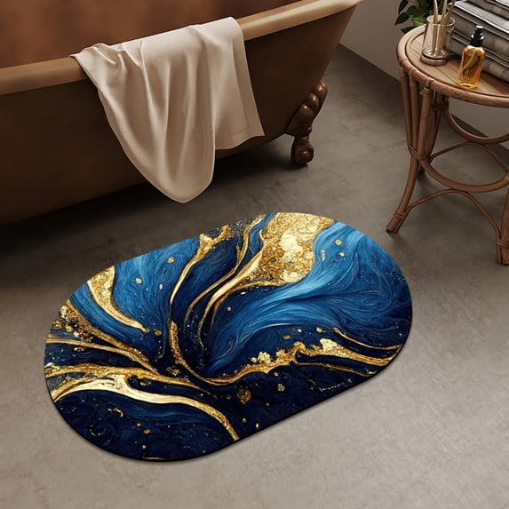 Blue and Gold Marble Texture Super Absorbent Quick-Drying Bathroom Mat Rug, Rubber Non-Slip Bottoms, Easy to Clean,Ultra Thin Bathroom Rugs Fit Under Door and Bathtub(20×31Inch)