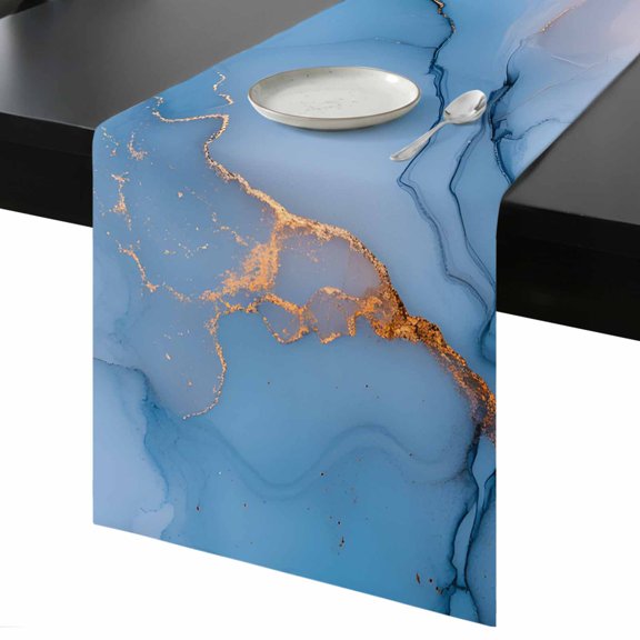 Blue Gold Marble Texture Table Runner 13x70 Inch Abstract Water Ripple Gradient Table Runner Non-Slip Dresser Scarves for Holiday Decorations, Party, Dinner and Gatherings, 1 Pack