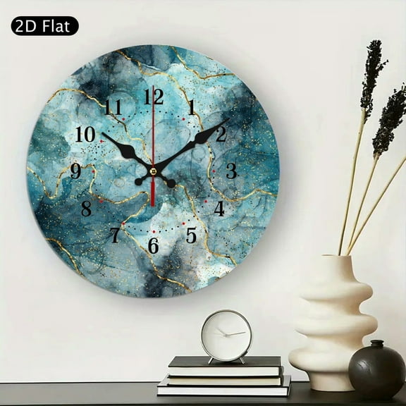 Blue Gold Marble Texture Wall Clock Silent Non Ticking Wall Clocks Battery Operated Round Wall Decor for Bathroom Kitchen Bedroom 10 in