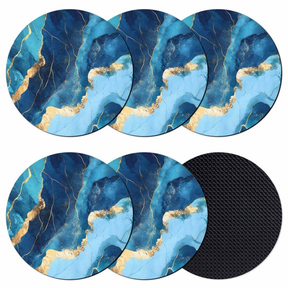 Blue Gold Marble Textured Coasters for Drinks,Absorbent Non Slip Rubber Drink Coasters Set of 6 for Cup,Table,Bar,Home Decor, Abstract Modern Art