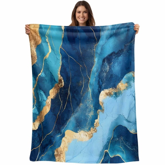 Blue Gold Marble Textured Throw Blankets, Abstract Modern Art Soft Fleece Blanket Decorative for Home Sofa Couch Chair Living Bedroom, 30x40 Inches,