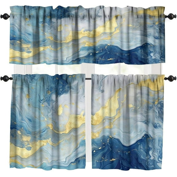 Blue Gold Marble Valances Set for Kitchen, Abstract Navy Blue Gold Texture Modern Luxury Marble Home Decor Rod Pocket Window Drapes for Living Room Dining Room Office Inch + 27x36 Inch X 2