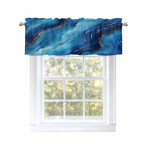 Blue and Gold Marble Valances for Windows Modern Abstract Ocean Blue Gradient Kitchen Valance Curtain Rod Pocket Small Curtains for Cafe Bathroom Laundry Basement 42" x 18"