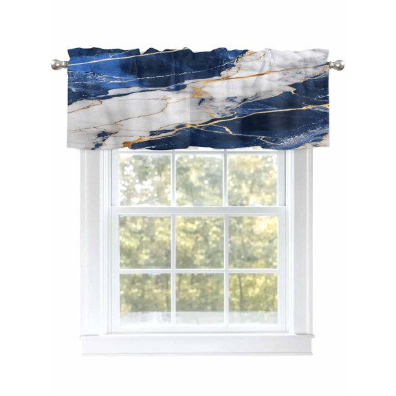 Blue Gold Marble Valances for Windows, Rod Pocket Kitchen Valance Curtains - Soft & Washable Small Window Treatment for Living Room,&nbsp;Bathroom, Abstract , 42x12 Inch, 1 Panel
