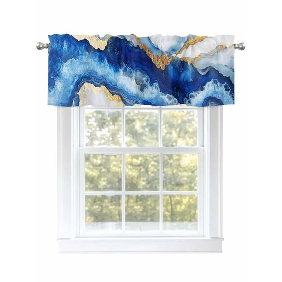 Blue Gold Marble Valances for Windows, Rod Pocket Kitchen Valance Curtains - Soft & Washable Small Window Treatment for Living Room,&nbsp;Bathroom, Modern Art , 42x12 Inch, 1 Panel